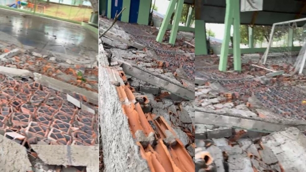 Muro de concreto de um ginásio caiu — Foto: Cedidas/Prefeitura de Dois Vizinhos