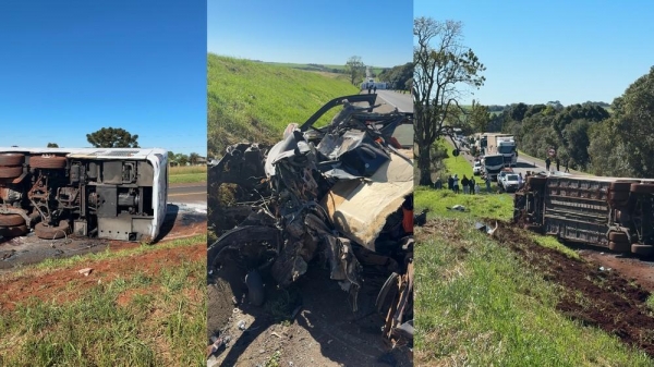 Ônibus de viagem tomba após batida com carro no Paraná; uma pessoa morreu e mais de 40 ficaram feridas — Foto: Lucas Polak/RPC